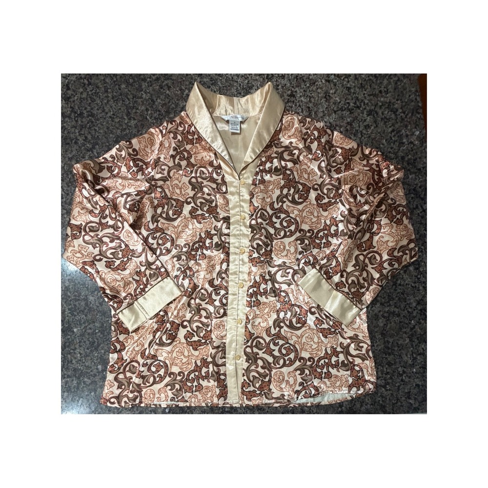 Private Luxuries Pajama Top Gold Paisley Satin Button Down Sleep Shirt Womens M